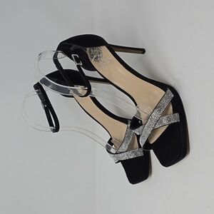 Vince Camuto Kalvira 2 Beaded Ankle Strat Satin Black Heels Women's Size 9.5
